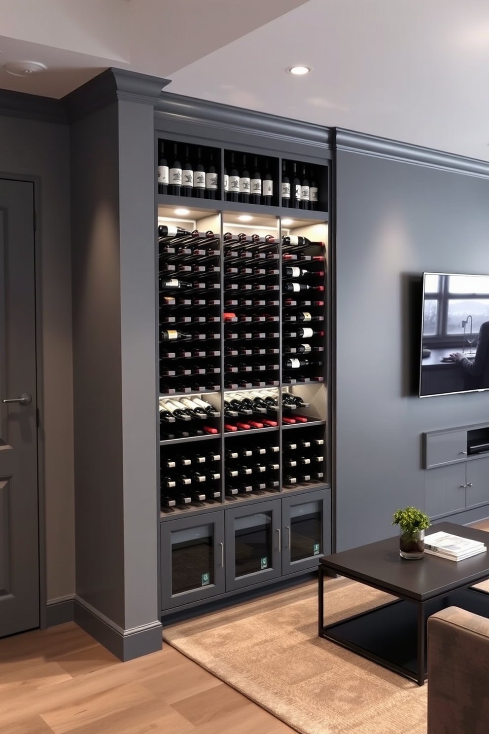 A gray wine rack stands elegantly against the wall, showcasing an array of fine wines in a well-organized manner. The soft lighting highlights the sleek design, creating a sophisticated atmosphere. The man cave features a modern gray color palette with comfortable seating and ambient lighting. A large flat-screen TV is mounted on the wall, complemented by a stylish coffee table and wall art that reflects personal interests.