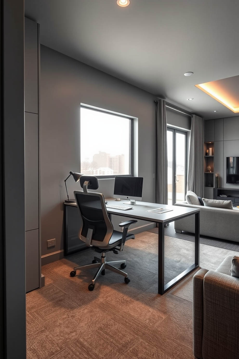 A contemporary gray desk is positioned in a sleek workspace, featuring clean lines and a minimalist design. The desk is complemented by a stylish ergonomic chair, and a large window allows natural light to flood the room. The man cave is designed with a gray color palette, incorporating comfortable seating and modern entertainment options. Accents of black and metallic elements add sophistication, while ambient lighting creates a cozy atmosphere.