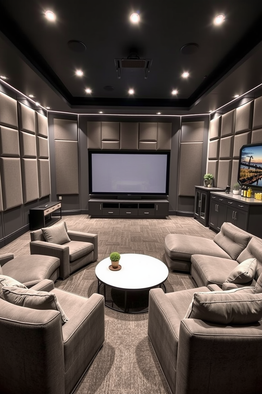 A luxurious gray-themed home theater setup featuring plush gray seating arranged in a semi-circle facing a large screen. The walls are adorned with soundproof panels in varying shades of gray, and ambient lighting creates a cozy atmosphere. A stylish gray man cave designed for relaxation and entertainment, showcasing a sleek gray sectional sofa paired with a modern coffee table. The space includes a mini bar with gray cabinetry and industrial-style decor elements to enhance the masculine aesthetic.