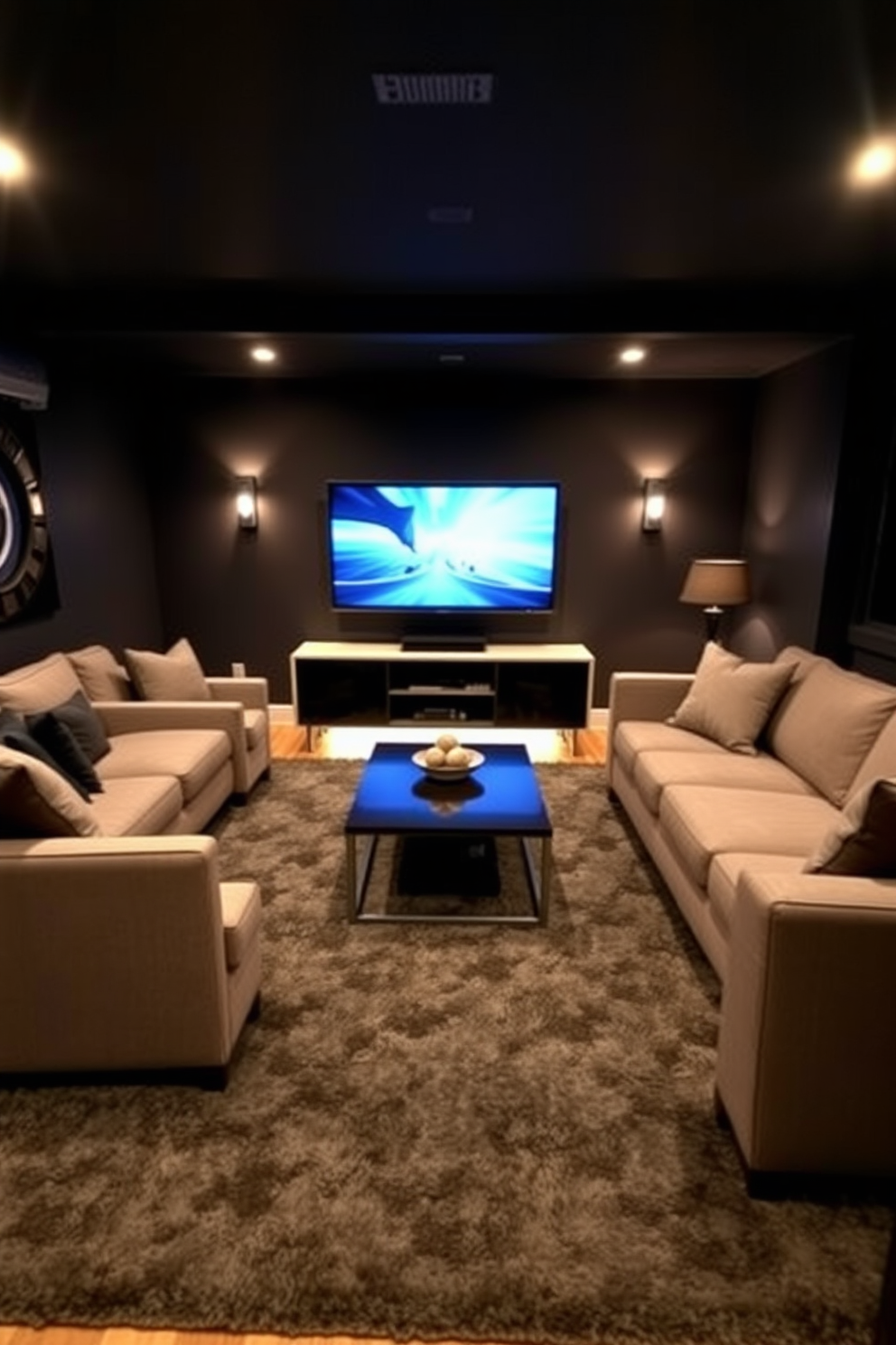 A cozy man cave featuring a dark gray area rug that adds warmth to the space. The walls are painted in a deep charcoal color, with comfortable seating arranged around a sleek coffee table. In one corner, a large flat-screen TV is mounted above a modern media console. Ambient lighting fixtures create a relaxed atmosphere, enhancing the overall design.