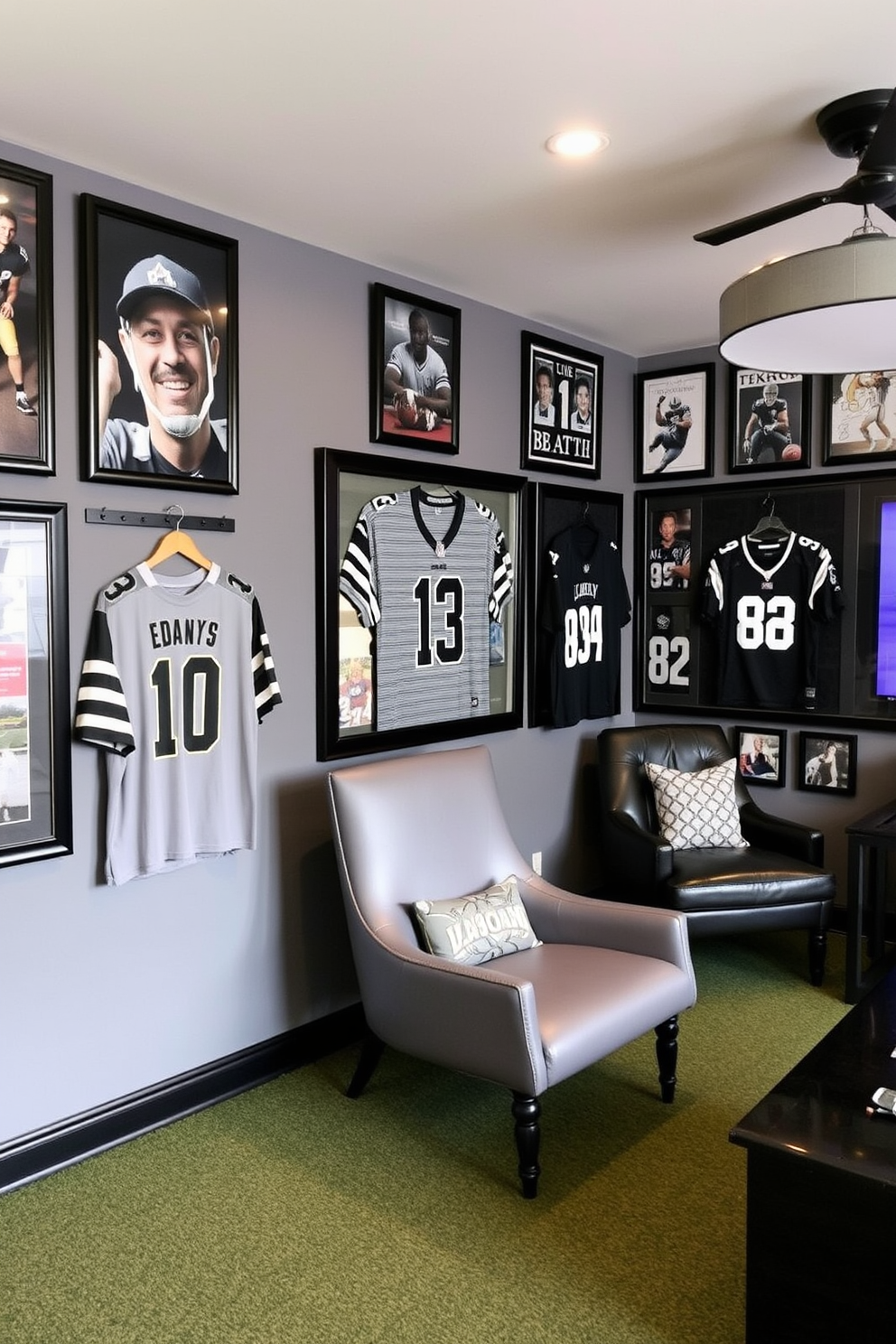 A stylish man cave featuring a display of gray and black sports memorabilia. The walls are adorned with framed jerseys and signed photographs, creating an immersive sports atmosphere.