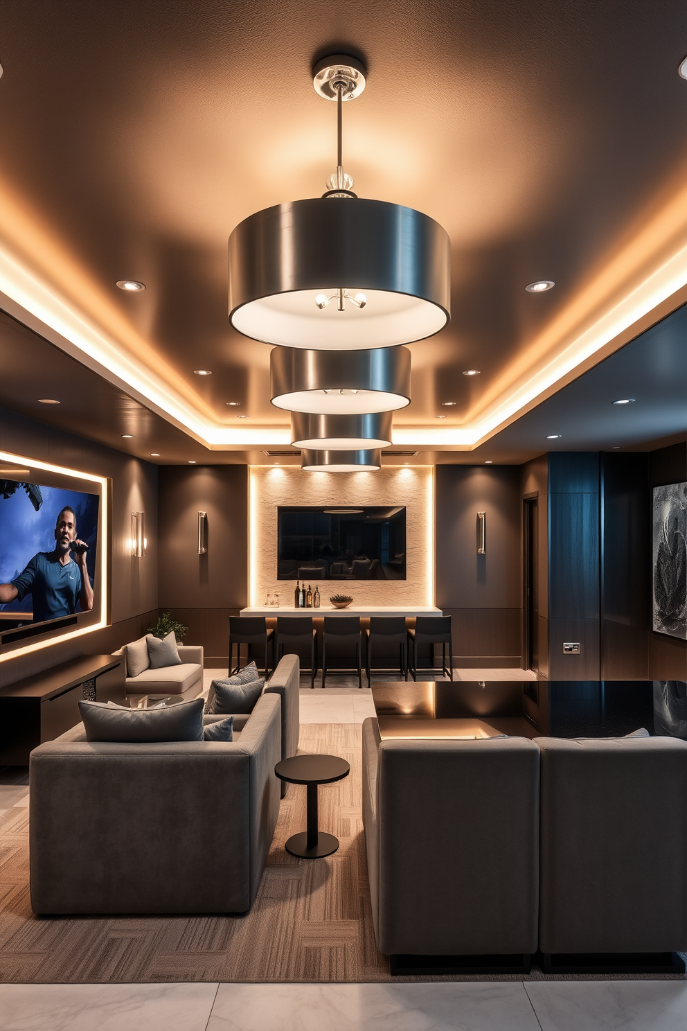 A stylish man cave featuring metallic gray lighting fixtures that provide a warm ambiance. The space is designed with plush seating, a large flat-screen TV, and a sleek bar area for entertaining guests.