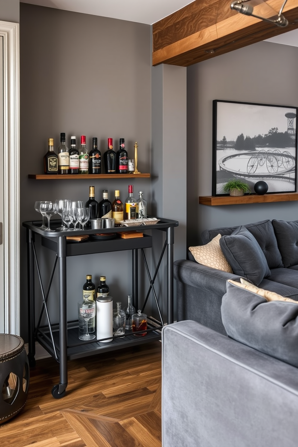 A stylish charcoal gray bar cart stands elegantly in the corner of the man cave. It is stocked with an array of premium spirits and glassware, creating a perfect setup for entertaining guests. The man cave features a cozy seating area with a plush sectional in deep gray tones. Accents of warm wood and industrial lighting create an inviting atmosphere for relaxation and social gatherings.