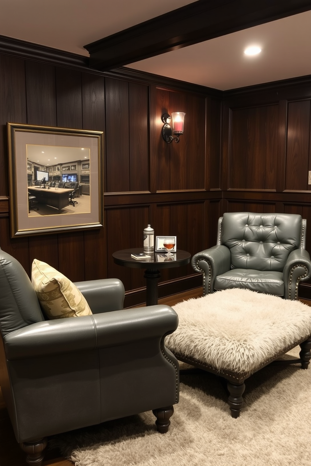 A cozy man cave featuring vintage gray leather armchairs that exude a sense of comfort and style. The walls are adorned with dark wood paneling, and a plush area rug anchors the seating area, creating an inviting atmosphere.