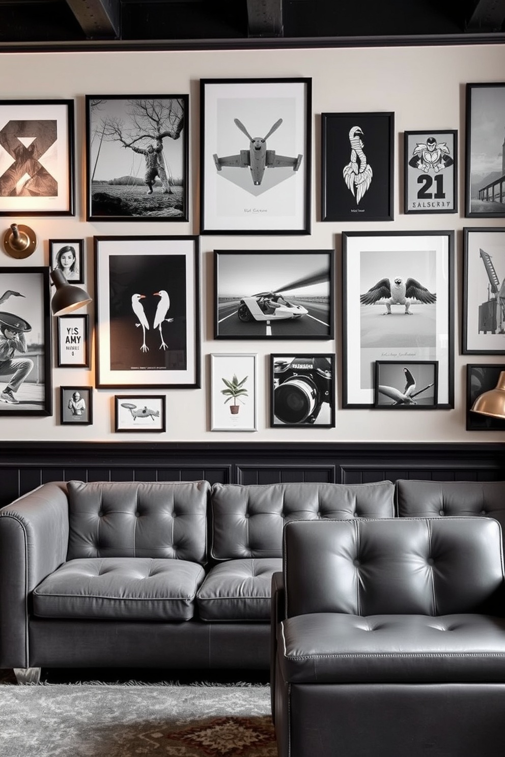 A stylish man cave featuring gray-themed wall art and posters. The walls are adorned with various framed prints in shades of gray, creating a cohesive and modern aesthetic. Comfortable seating options include a plush gray sectional sofa and a sleek leather recliner. Ambient lighting is provided by industrial-style lamps and wall sconces, enhancing the cozy atmosphere.