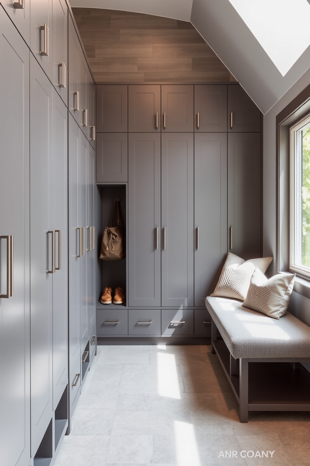 Contemporary gray storage lockers line the walls of a spacious mudroom, providing ample organization for shoes, bags, and outdoor gear. The lockers feature sleek handles and a minimalist design, complementing the muted gray color scheme of the room. The mudroom is adorned with a stylish bench upholstered in soft fabric, offering a comfortable spot to sit while putting on or taking off shoes. Natural light floods the space through a large window, highlighting the textured wall tiles and creating a welcoming atmosphere.