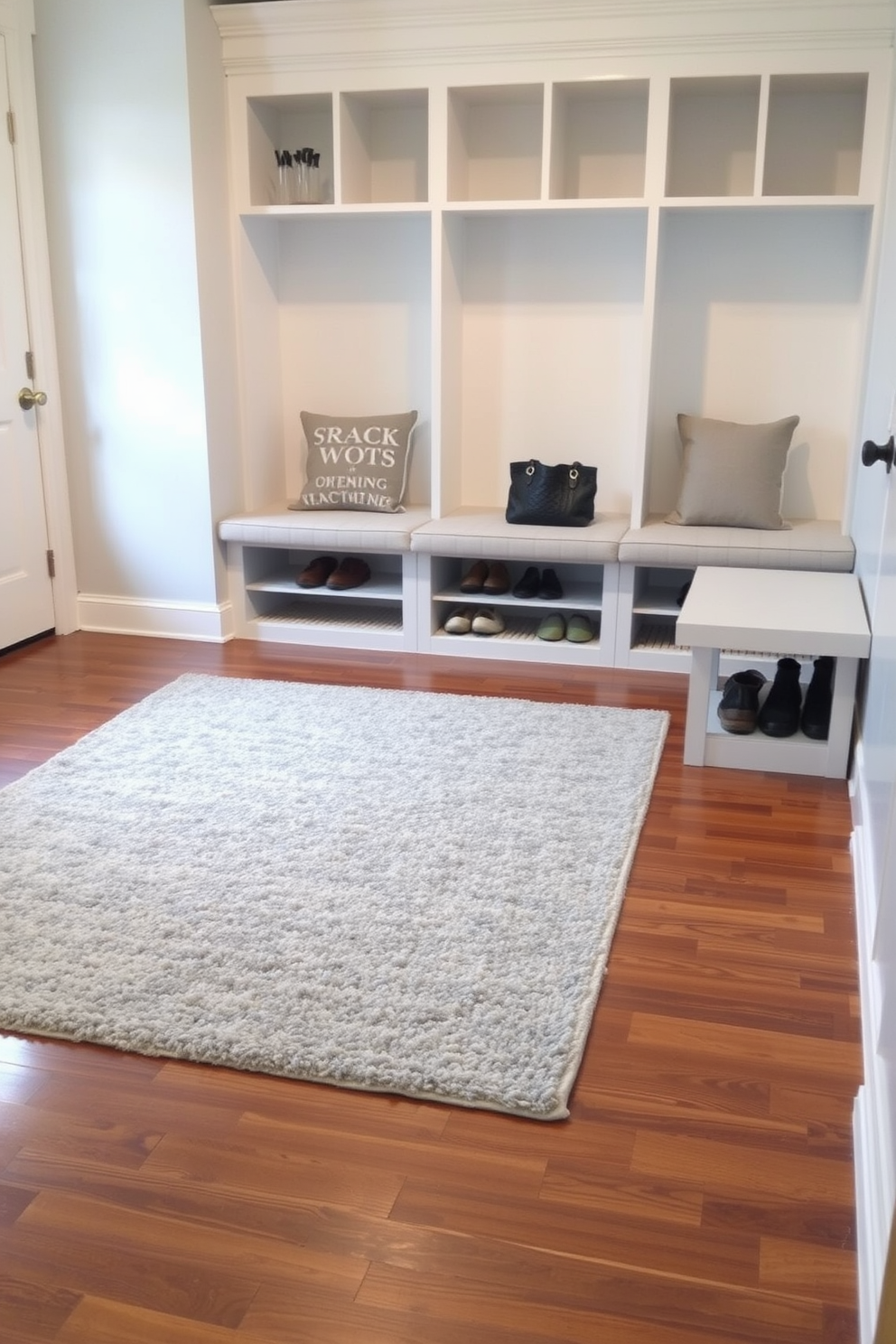 A soft gray area rug is laid out on a polished hardwood floor, creating a cozy and inviting atmosphere. The mudroom features built-in benches with plush cushions, offering a comfortable spot to sit while removing shoes. The walls are painted in a light gray hue, complementing the rug and enhancing the overall brightness of the space. Storage cubbies are neatly arranged above the benches, providing practical solutions for organizing shoes and outdoor gear.