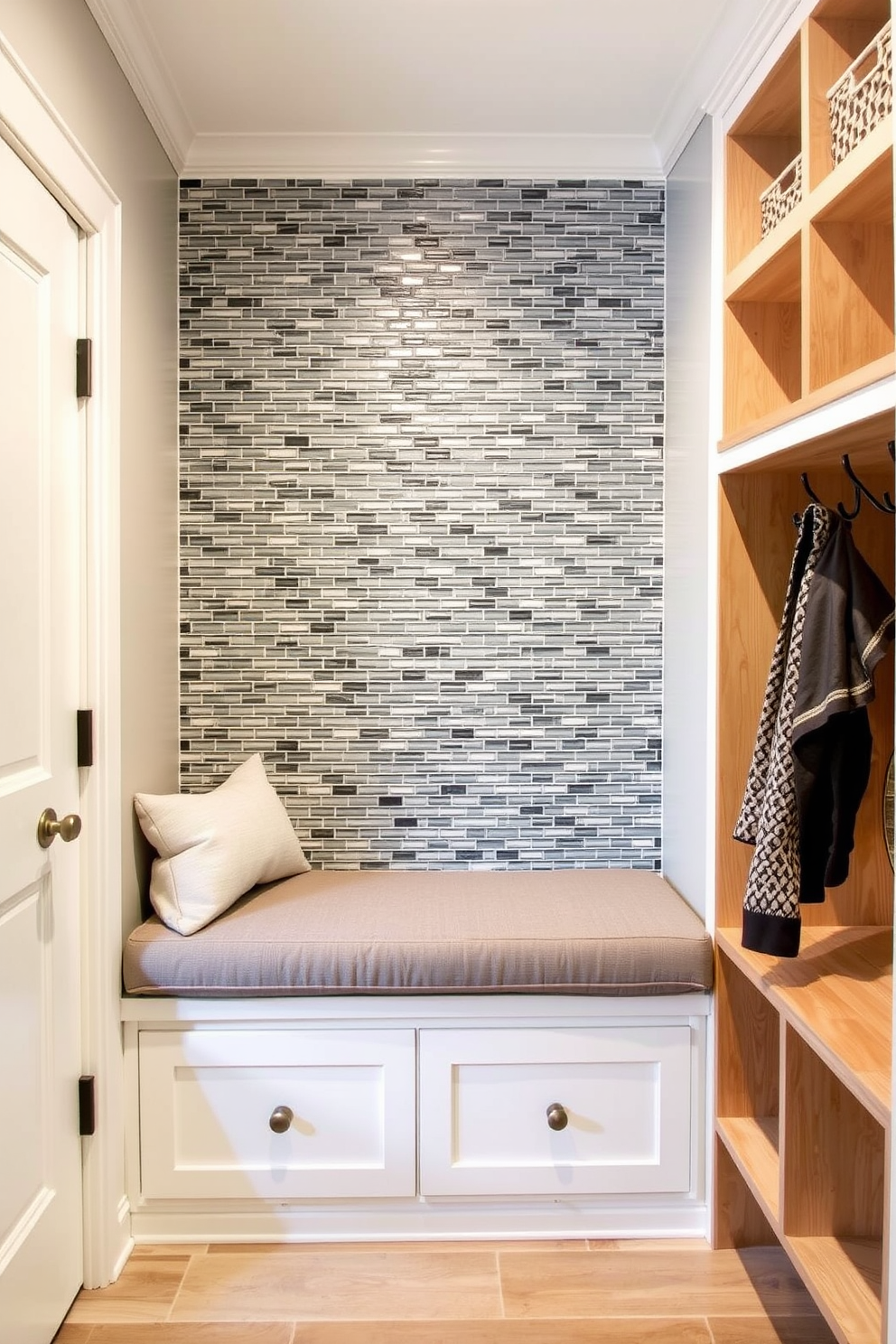 A contemporary mudroom featuring a gray mosaic tile backsplash behind a built-in bench. The bench is upholstered in a soft fabric, and the space is accented with natural wood storage cubbies and hooks for hanging coats.