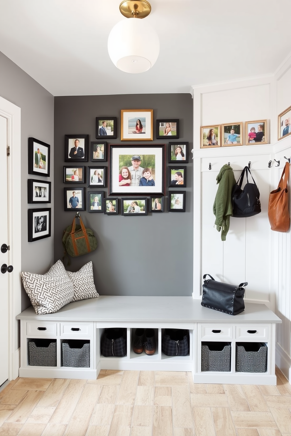 A stylish mudroom featuring a gray accent wall adorned with an array of framed family photos. The space includes built-in benches with storage underneath, and hooks for coats and bags, creating a functional yet inviting atmosphere.