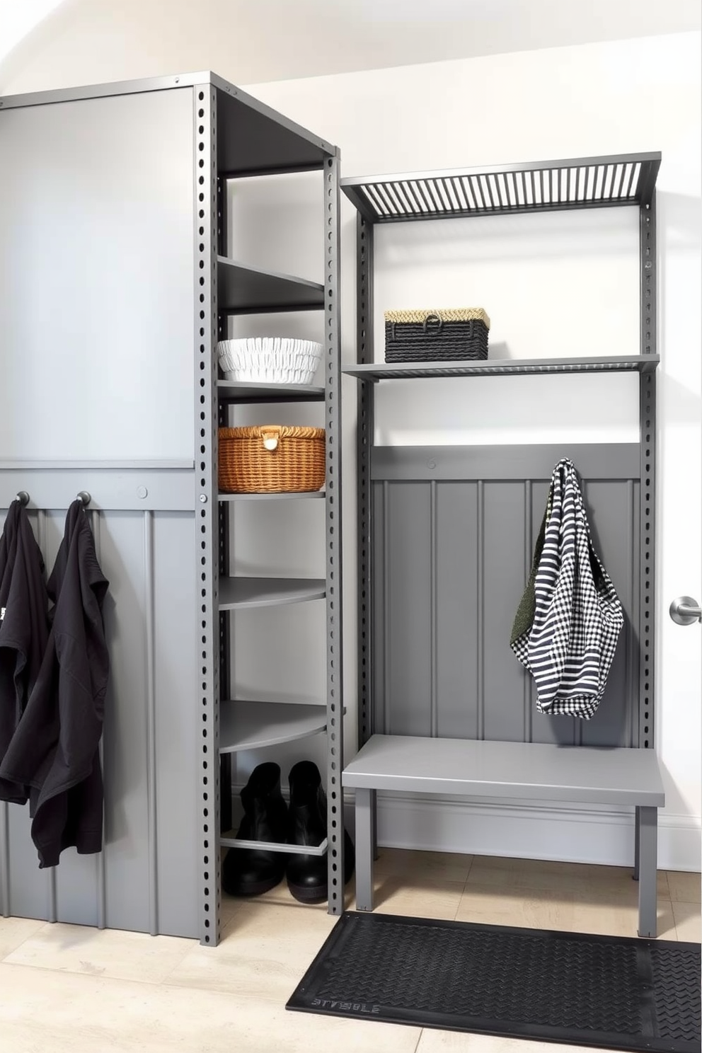 A stylish gray mudroom featuring industrial gray metal shelving units that provide ample storage space. The walls are painted in a soft white, creating a bright and airy atmosphere, while a durable rubber mat lines the floor for easy cleanup.