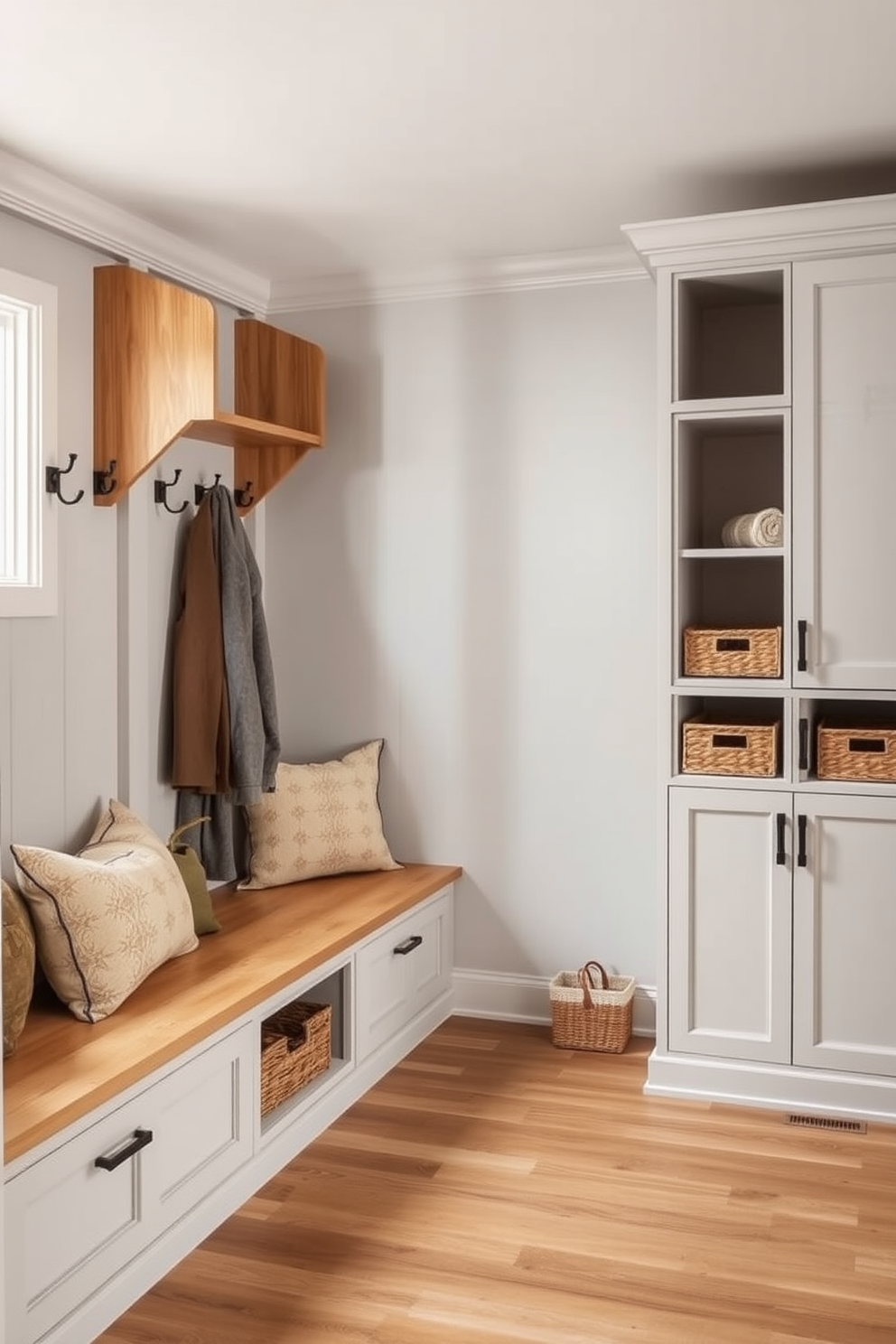 A cozy mudroom featuring warm gray tones complemented by natural wood accents. The space includes built-in benches with soft cushions and hooks for hanging coats, creating an inviting atmosphere. Light gray walls provide a serene backdrop, while the wooden flooring adds warmth and texture. A stylish storage cabinet with a mix of open shelves and closed compartments keeps the area organized and functional.