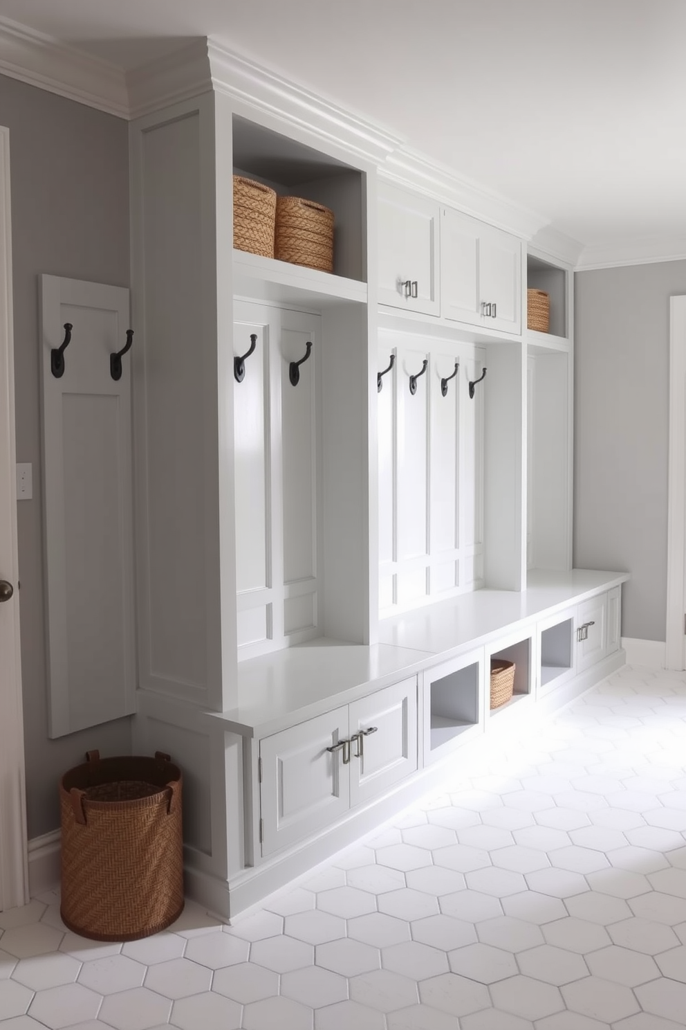 Classic gray and white color scheme mudroom with elegant built-in storage benches and hooks. The walls are painted in soft gray while the floor features white hexagonal tiles, creating a clean and inviting space.