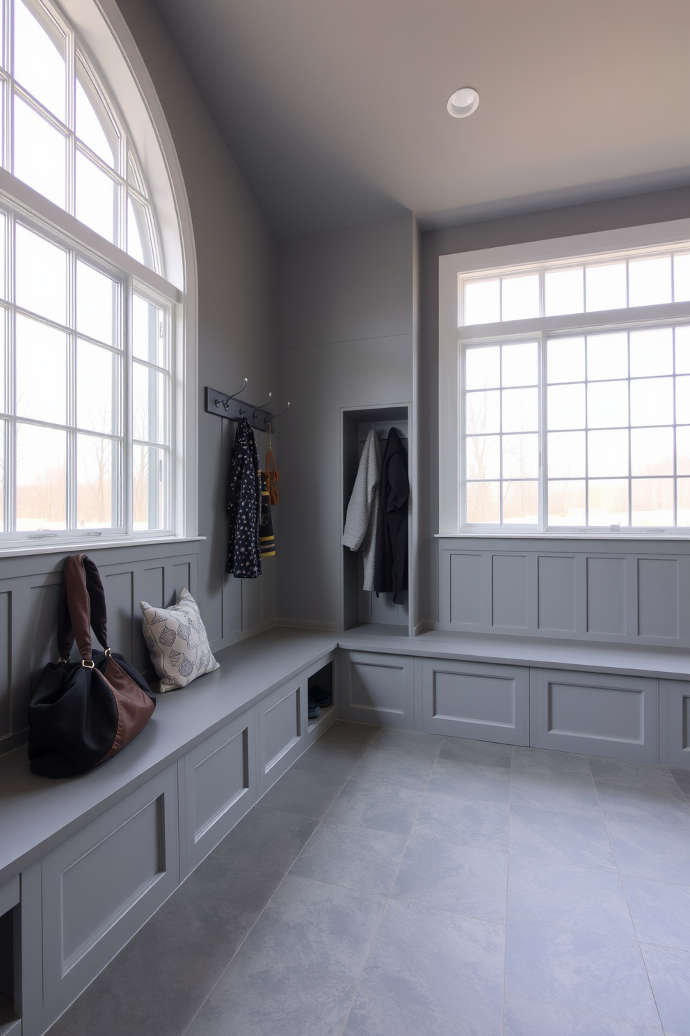 Spacious gray mudroom with large windows that allow natural light to flood the space. The room features built-in storage benches and hooks for coats, with a durable tile floor that complements the gray walls.