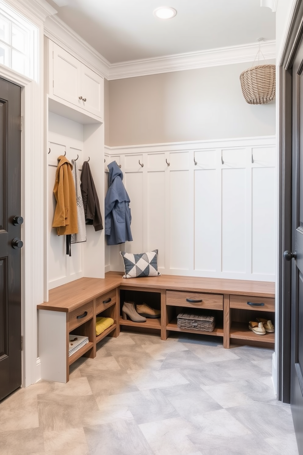 A stylish mudroom featuring light gray tile flooring that enhances durability and ease of maintenance. The space includes built-in wooden benches with storage drawers and hooks for coats, creating an organized and welcoming entryway.