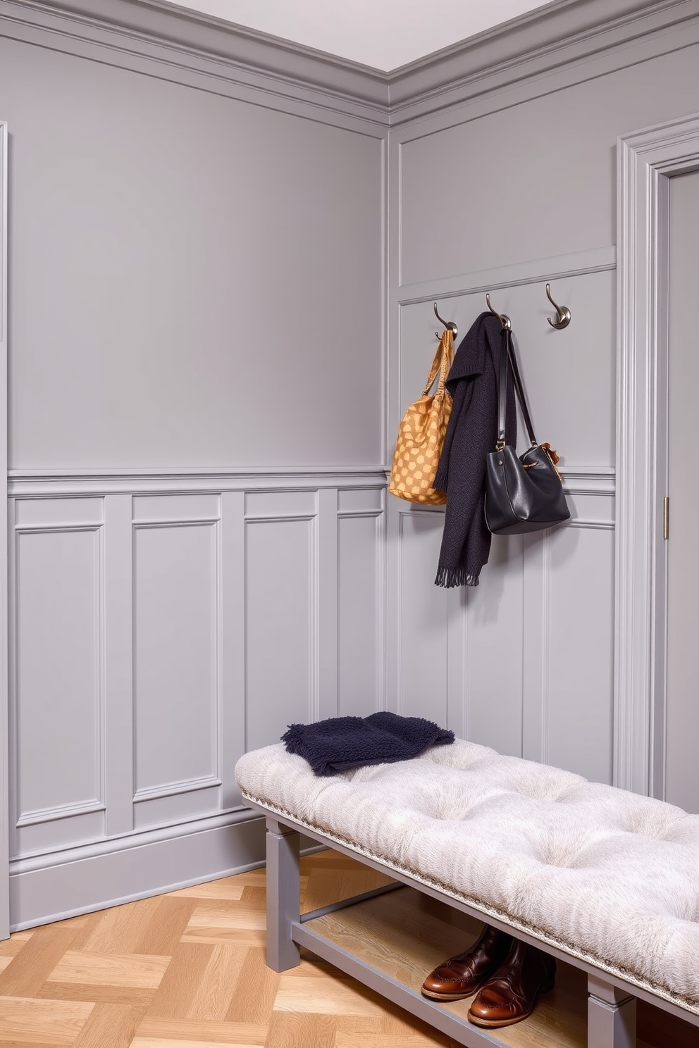 Elegant gray wainscoting lines the walls of a spacious mudroom, providing a sophisticated backdrop for a functional space. Stylish hooks are mounted on the wainscoting, perfect for hanging coats and bags, while a plush bench offers a comfortable spot to sit and remove shoes.