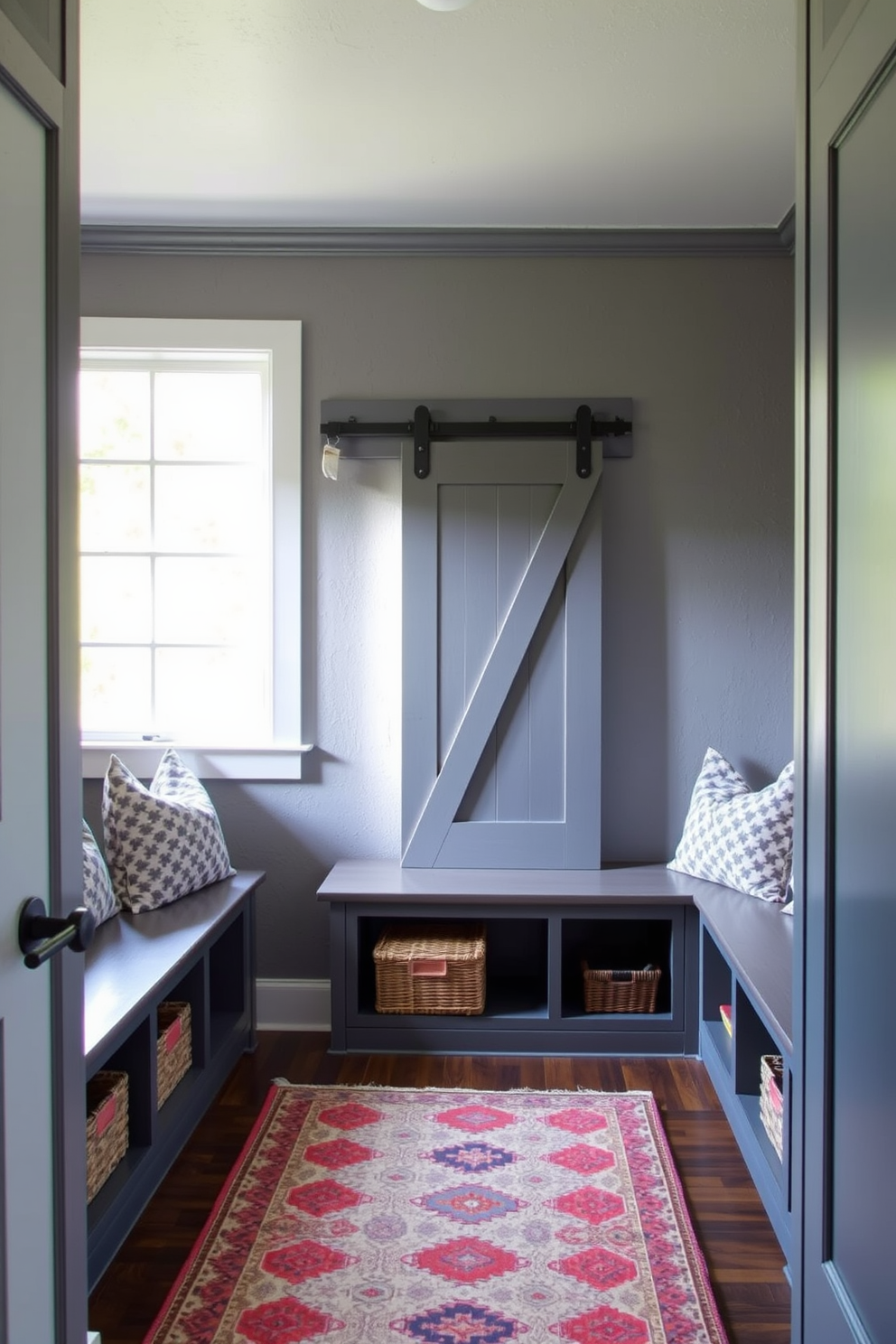 A stylish gray mudroom features a sliding barn door that adds rustic charm. The space includes built-in benches with storage underneath, and hooks for coats line the walls. Natural light floods the room through a large window, highlighting the textured gray walls. A patterned rug adds warmth and color to the floor, creating an inviting atmosphere.