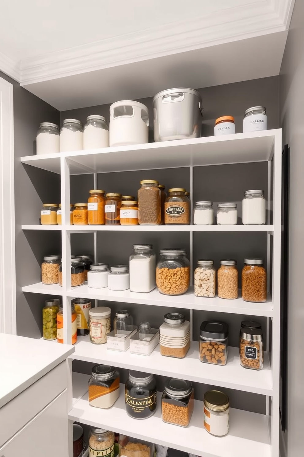 A modern pantry featuring open shelving against gray accent walls. The shelves are filled with neatly organized jars and containers, creating a clean and functional space.