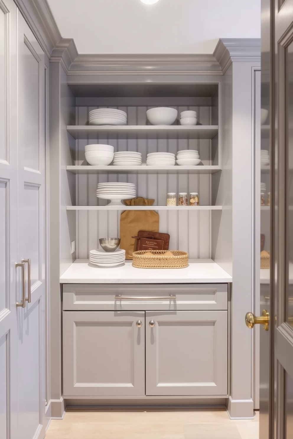 A classic gray pantry features elegant beadboard paneling that adds texture and depth to the space. The cabinetry is complemented by polished nickel hardware, and open shelving displays carefully arranged dishware and pantry essentials.