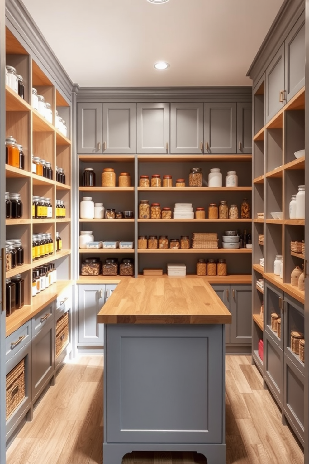 A bright gray pantry features natural wood accents that create a warm and inviting atmosphere. Shelves made of light wood are neatly organized, displaying an array of jars and containers for easy access. The pantry includes a large wooden island in the center, providing additional workspace and storage. Soft overhead lighting illuminates the space, highlighting the combination of gray cabinetry and natural wood elements.