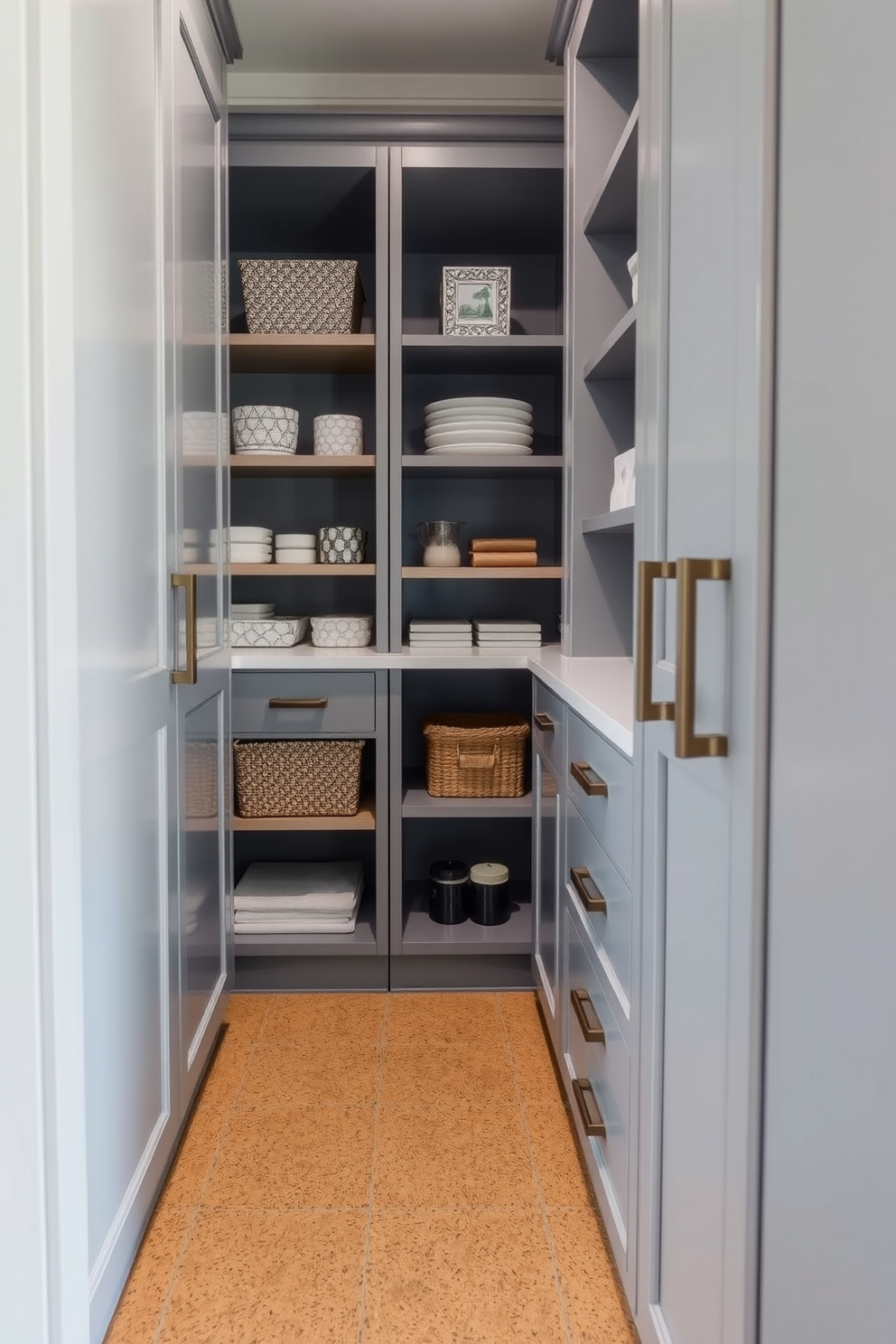 A modern gray pantry featuring sleek cabinetry with minimalist hardware and open shelving for easy access to essentials. The cork flooring adds warmth and texture, complementing the gray tones of the cabinetry and creating a cozy atmosphere.