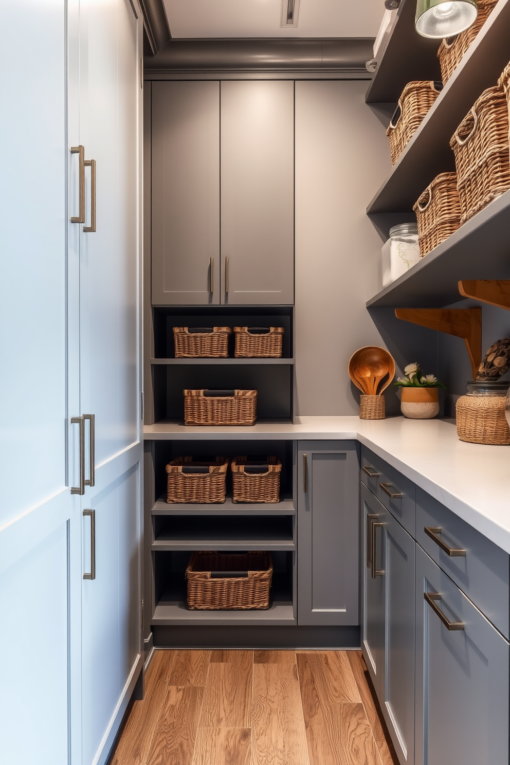 A chic gray pantry features sleek cabinetry with a matte finish and decorative baskets neatly arranged on the shelves. The walls are painted in a soft gray hue, complemented by warm wooden accents and stylish lighting fixtures.