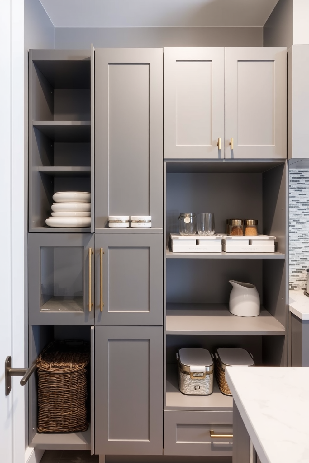 A modern gray pantry with sleek hardware features minimalist cabinetry and open shelving for easy access to kitchen essentials. The walls are painted in a soft gray tone, complemented by a stylish backsplash that adds texture and interest.