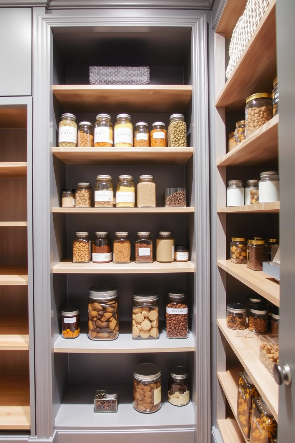 A stylish gray pantry featuring open compartments that showcase neatly organized jars and containers. The walls are painted in a soft gray tone, and the shelves are made of light wood, creating a warm contrast.