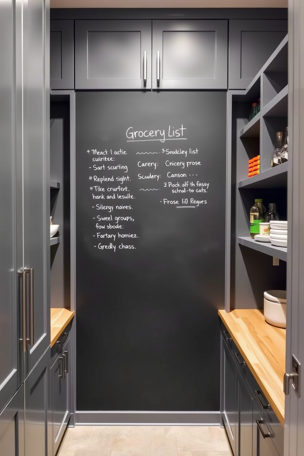 A modern gray pantry featuring a chalkboard wall for notes and grocery lists. The cabinetry is sleek with minimalist handles, and the countertops are a light wood for contrast.