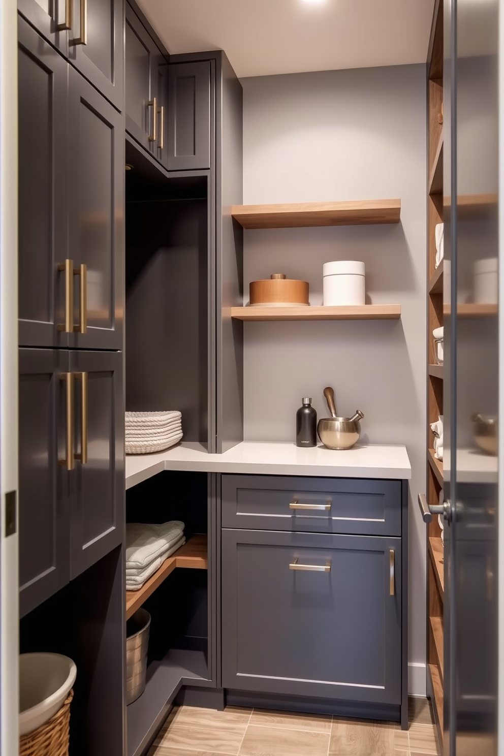 A compact gray pantry designed for small spaces features sleek cabinetry with minimalist handles and open shelving for easy access to essentials. The walls are painted in a soft gray hue, complemented by warm wood accents and ample lighting to create an inviting atmosphere.