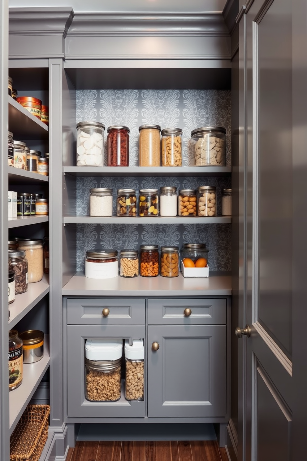 A stylish gray pantry featuring elegant patterned wallpaper that adds a touch of sophistication. The shelves are filled with neatly organized jars and containers, showcasing a blend of functionality and aesthetics.