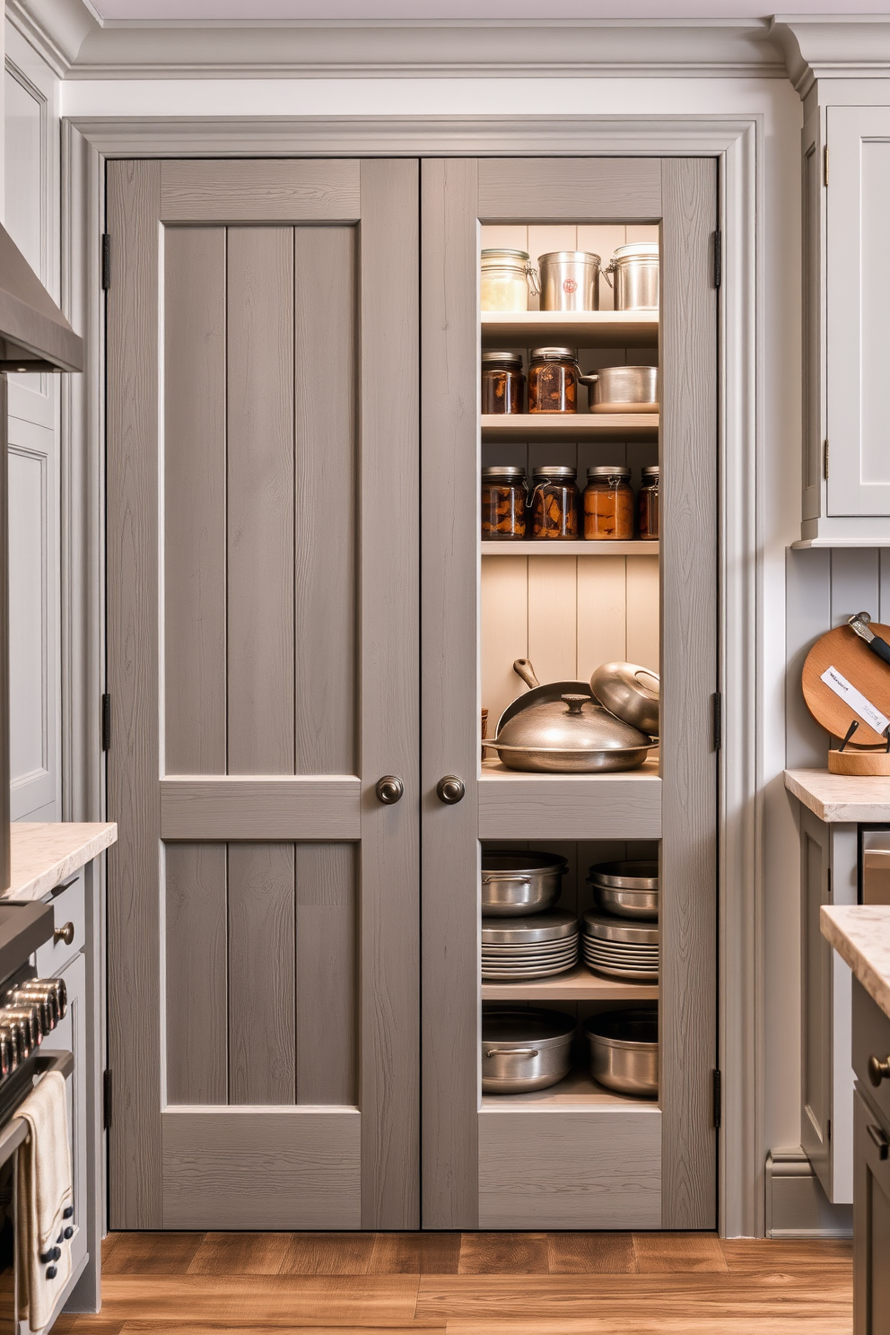 A cozy kitchen featuring rustic gray wood pantry doors. The pantry is designed with open shelving displaying neatly arranged jars and rustic cookware.