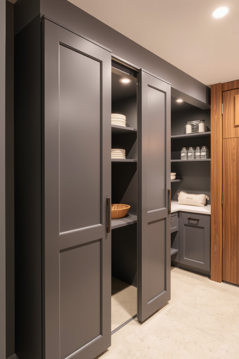 A functional gray pantry with sliding doors features sleek cabinetry and ample shelving for organized storage. The walls are painted in a soft gray hue, complemented by warm wooden accents and stylish lighting to enhance the space.