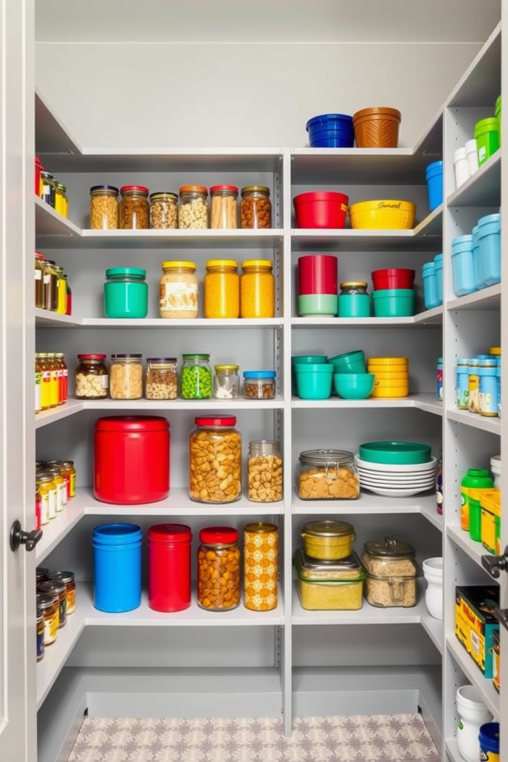 Bright gray pantry with colorful accessories. The walls are painted a soft gray, and the shelves are filled with vibrant jars and containers in various colors.