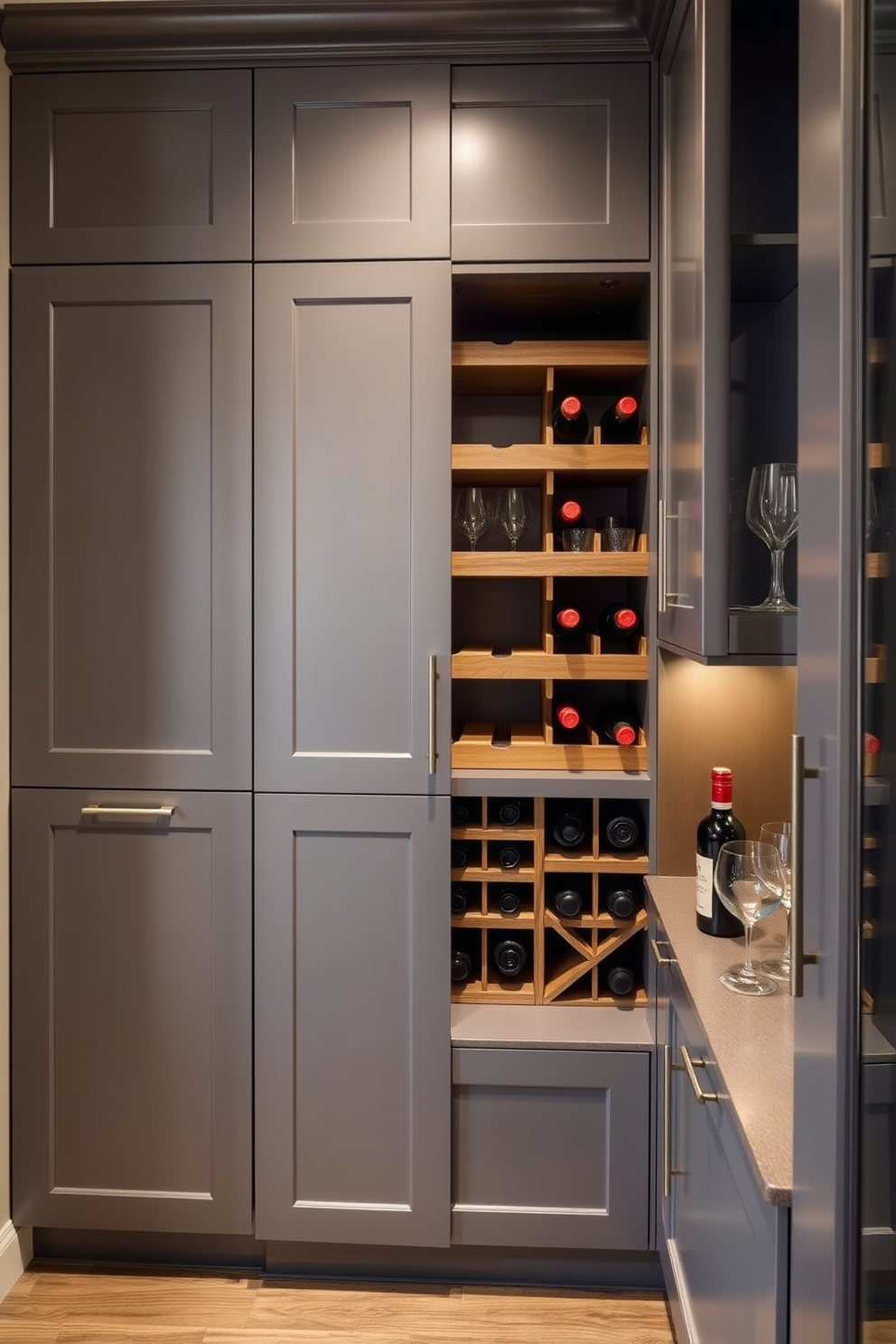 A contemporary gray pantry featuring built-in wine storage. The cabinetry is sleek and modern with a matte gray finish, complemented by brushed nickel hardware. The wine storage area showcases elegant wooden racks that hold an assortment of bottles. A small countertop space is included for wine preparation, adorned with stylish glassware.