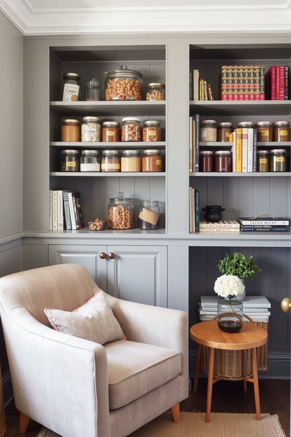 A cozy gray pantry features a comfortable reading nook with a plush armchair and a small side table. The walls are painted in a soft gray hue, complemented by open shelving filled with neatly organized jars and cookbooks.