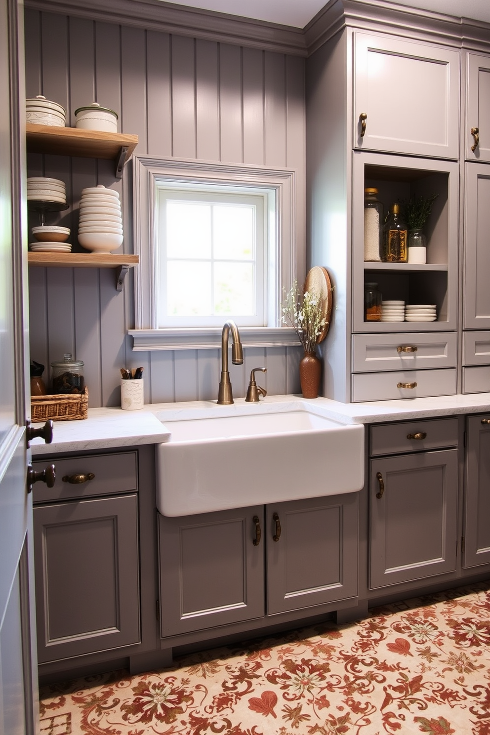 A cozy gray pantry featuring a farmhouse sink with a large apron front. The cabinetry is painted in a soft gray hue, complemented by open shelving displaying rustic dishware and glass jars. The floor is adorned with vintage-inspired tiles, adding character to the space. Natural light floods in through a small window above the sink, creating a warm and inviting atmosphere.