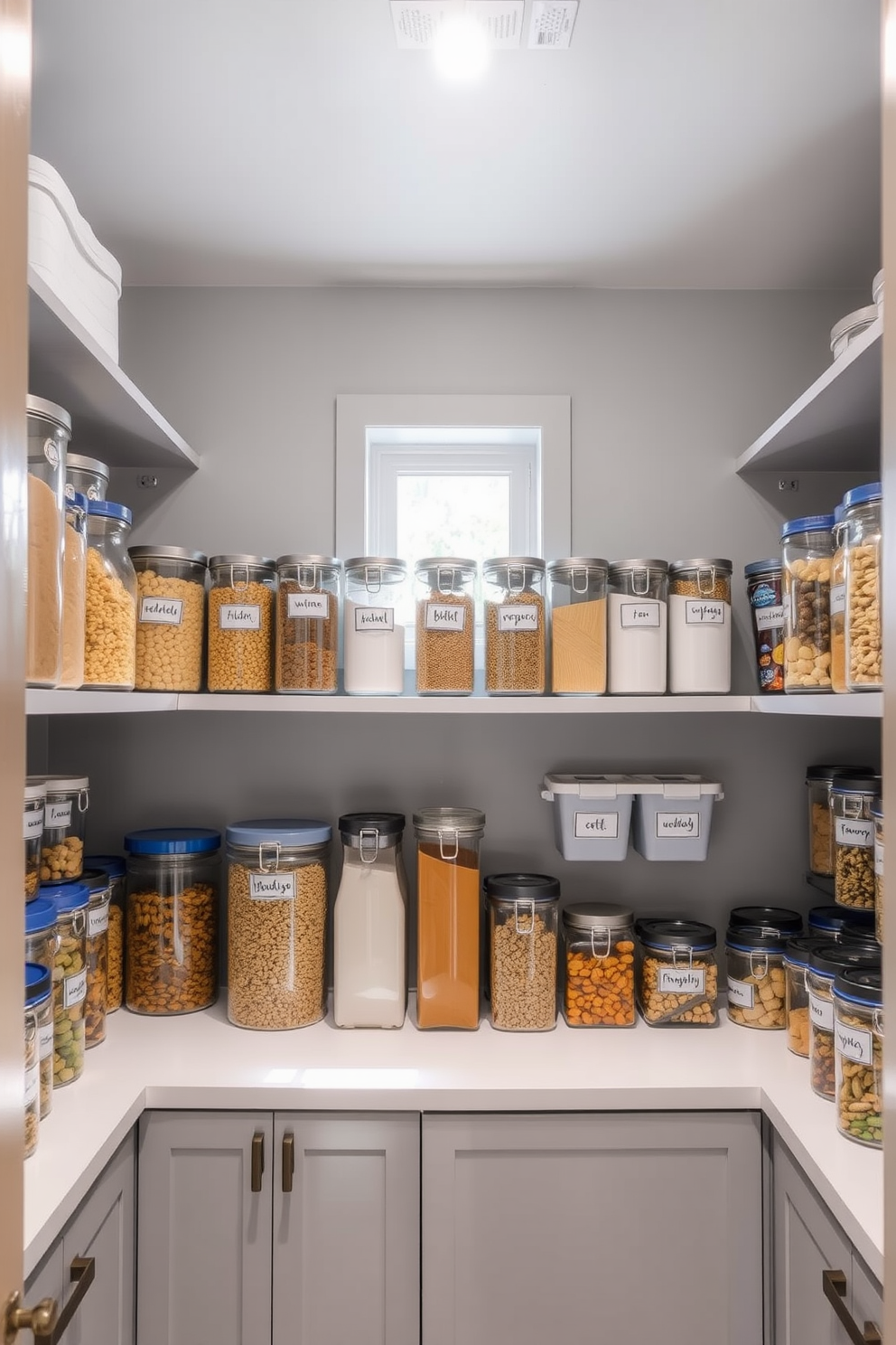 An organized gray pantry featuring labeled containers arranged neatly on open shelving. The walls are painted in a soft gray tone, and natural light filters in through a small window, illuminating the space.