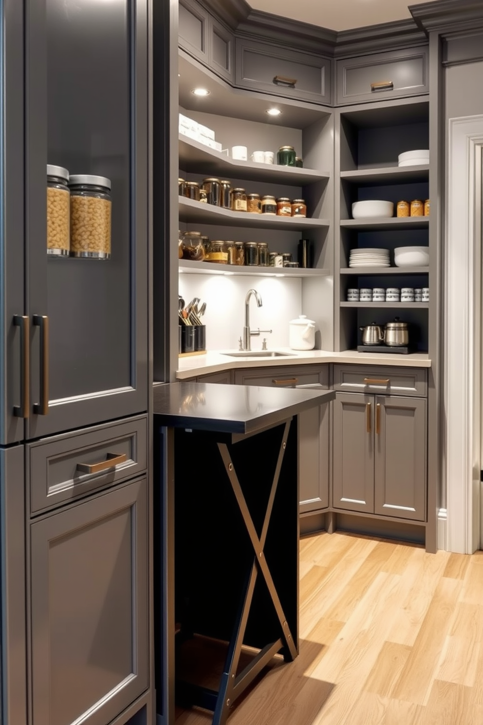 A stylish gray pantry features a sleek folding table that can be easily tucked away when not in use. The walls are adorned with open shelving, showcasing organized jars and kitchen essentials in a modern aesthetic. The flooring is a light wood that complements the gray cabinetry, creating a warm and inviting atmosphere. Soft lighting illuminates the space, highlighting the textures of the pantry’s design while maintaining a functional layout.