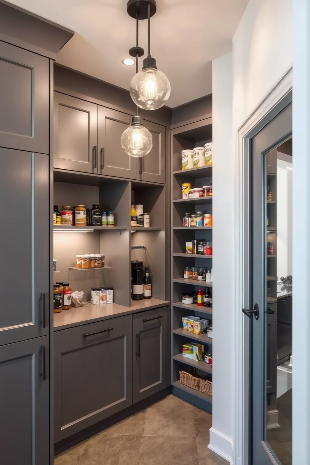 An elegant gray pantry features custom cabinetry with sleek lines and a matte finish. Decorative lighting fixtures hang from the ceiling, casting a warm glow over the organized shelves stocked with various pantry items.