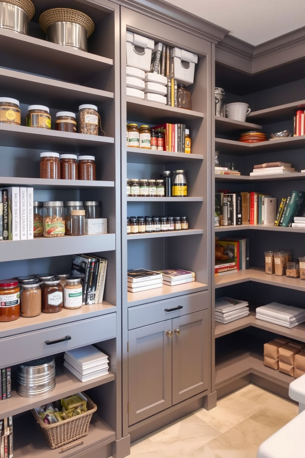 A stylish gray pantry featuring floor-to-ceiling shelves that provide ample storage space for all kitchen essentials. The shelves are filled with neatly organized jars, spices, and cookbooks, creating a functional yet aesthetically pleasing environment.