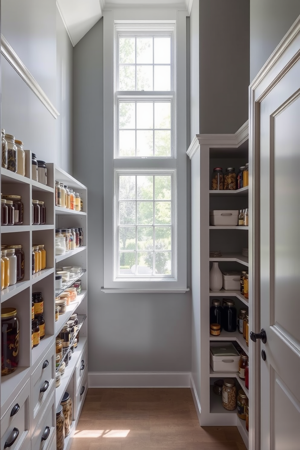 An airy gray pantry with large windows allowing natural light to flood the space. The walls are painted in a soft gray tone, complemented by white shelving units filled with neatly organized jars and containers.