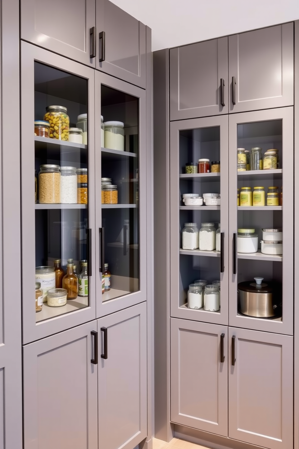 A minimalist pantry design featuring sleek gray cabinetry with glass fronts. The cabinetry is organized and showcases neatly arranged jars and containers, enhancing the clean and modern aesthetic.