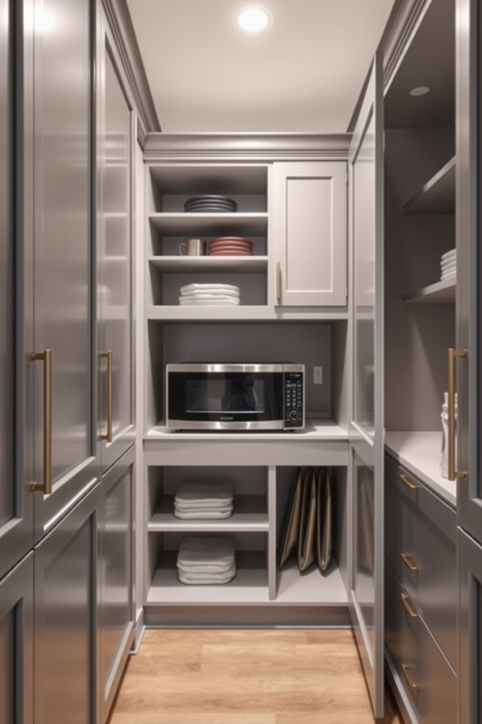 A contemporary gray pantry featuring a hidden appliance garage that seamlessly blends into the cabinetry. The space is designed with sleek gray cabinets, open shelving for easy access, and a minimalist aesthetic that enhances functionality.