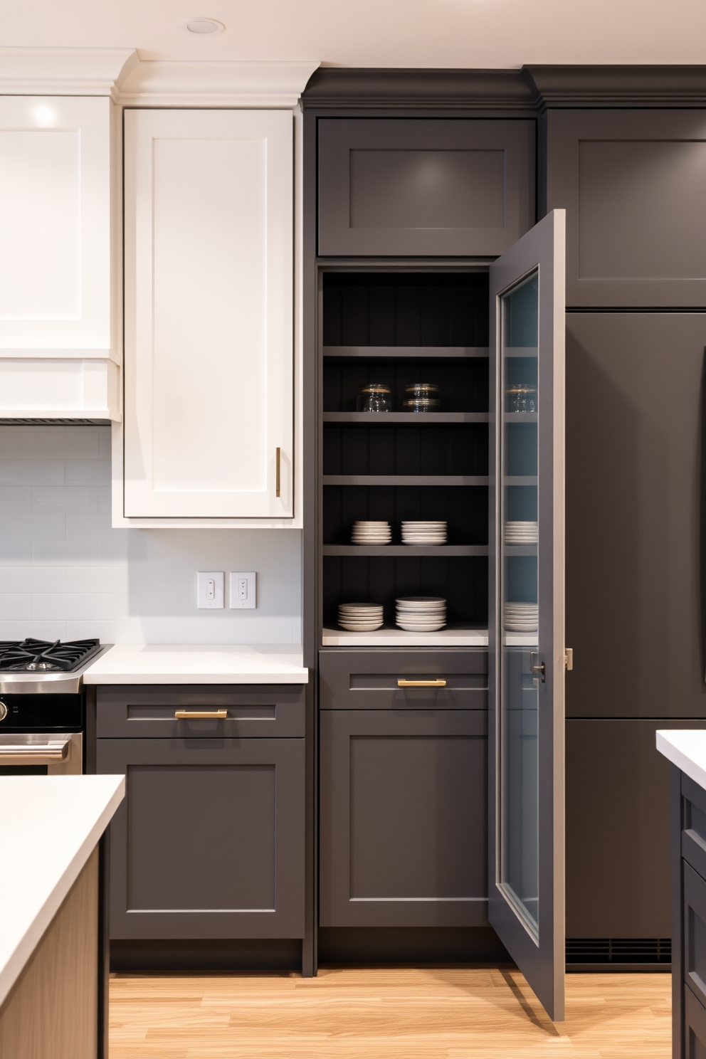 A modern kitchen featuring two-tone gray and white cabinetry that creates a striking contrast. The upper cabinets are a crisp white, while the lower cabinets are a deep charcoal gray, providing a sleek and sophisticated look. Incorporated into the design is a spacious gray pantry with open shelving for easy access to essentials. The pantry door is a stylish frosted glass, allowing light to filter through while maintaining a clean and organized appearance.