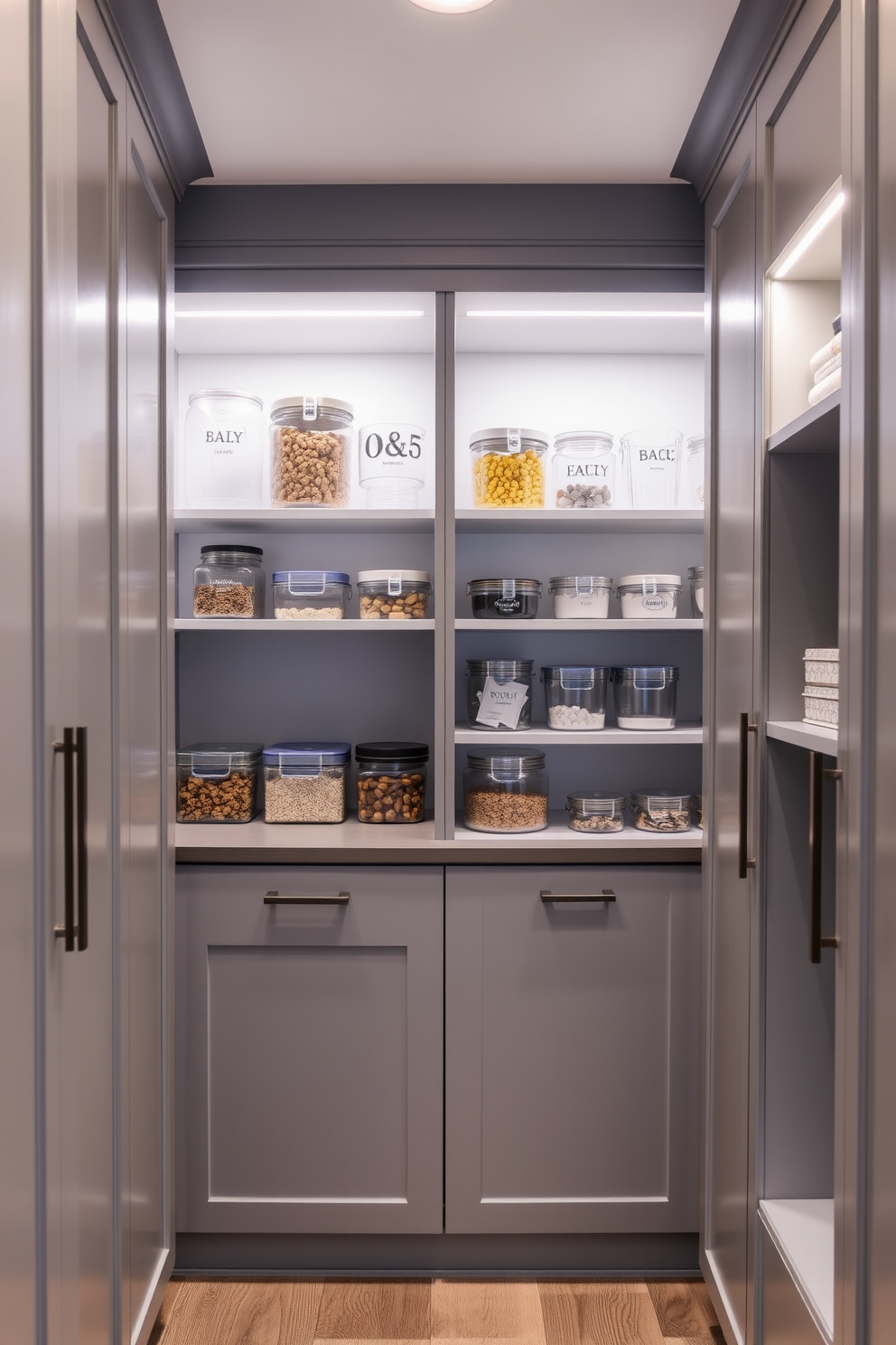 A contemporary gray pantry featuring built-in lighting that highlights the sleek cabinetry. The shelves are organized with clear containers and stylish jars, creating a functional yet aesthetically pleasing space.