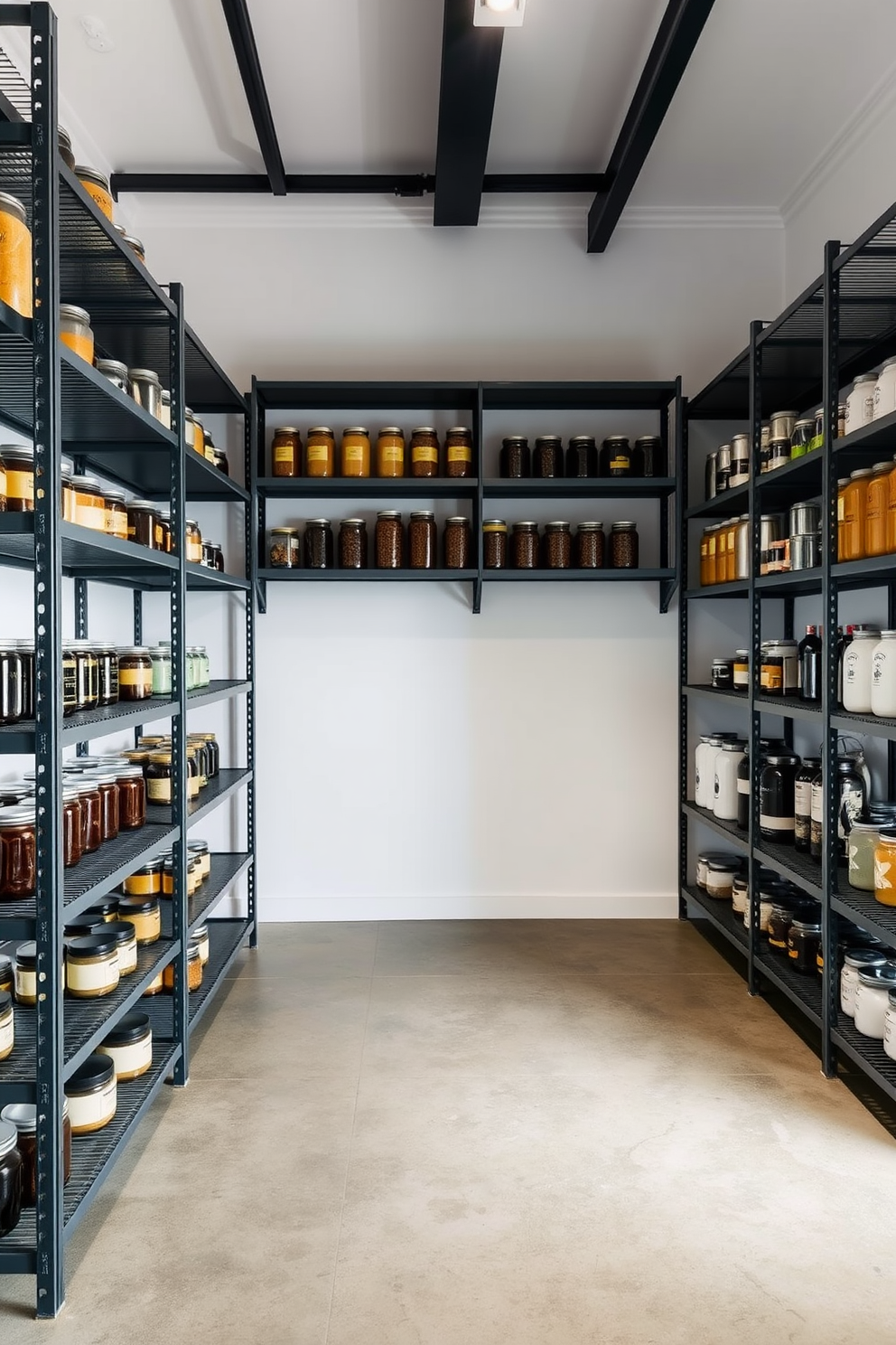 A sleek industrial pantry featuring gray metal shelving that showcases an organized array of jars and containers. The walls are painted in a soft white, creating a bright contrast with the dark shelving and enhancing the modern aesthetic. The floor is adorned with polished concrete, complementing the industrial theme. Soft ambient lighting highlights the shelves, creating an inviting atmosphere for this functional storage space.