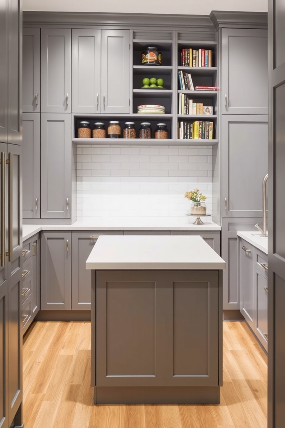 A contemporary gray pantry features a large central island that provides additional storage and workspace. The cabinetry is sleek and modern, finished in a soft gray tone, complemented by brushed nickel hardware. Open shelving above the counter displays neatly arranged jars and cookbooks, adding a personal touch to the space. The flooring is a light wood, creating a warm contrast against the cool gray tones of the pantry.