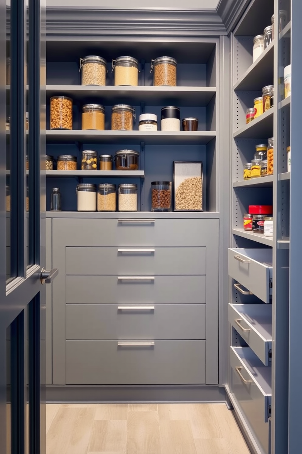 A modern gray pantry featuring sleek pull-out drawers for easy access to stored items. The walls are painted in a soft gray hue, complemented by stylish shelving that showcases organized jars and containers.