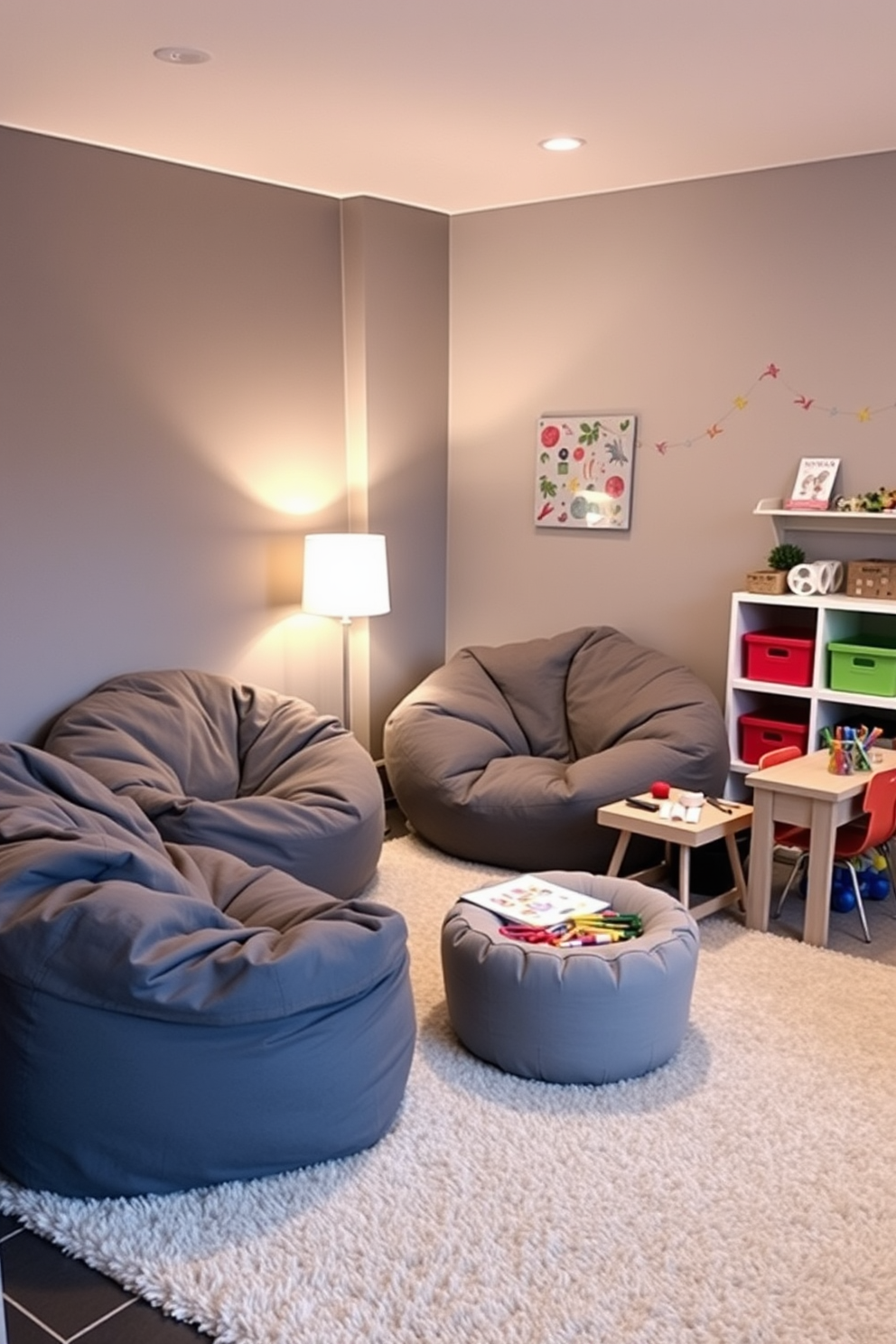 A cozy gray bean bag seating area features oversized bean bags arranged in a casual circle, inviting relaxation and conversation. Soft, ambient lighting from a nearby floor lamp creates a warm atmosphere, while a plush area rug adds comfort underfoot. The gray playroom design includes playful wall decals and colorful storage bins to keep toys organized. A small table with art supplies encourages creativity, making the space both functional and fun for children.