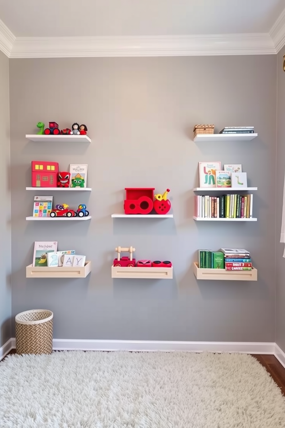 A playful gray playroom features wall-mounted shelves filled with colorful toys and neatly arranged books. The soft gray walls create a calming backdrop, while a plush area rug adds warmth and comfort to the space.